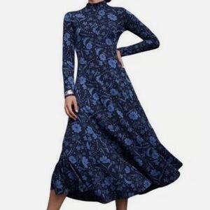 LOFT Blue Snowflake Bloom Turtleneck Maxi Dress Women’s Size Medium